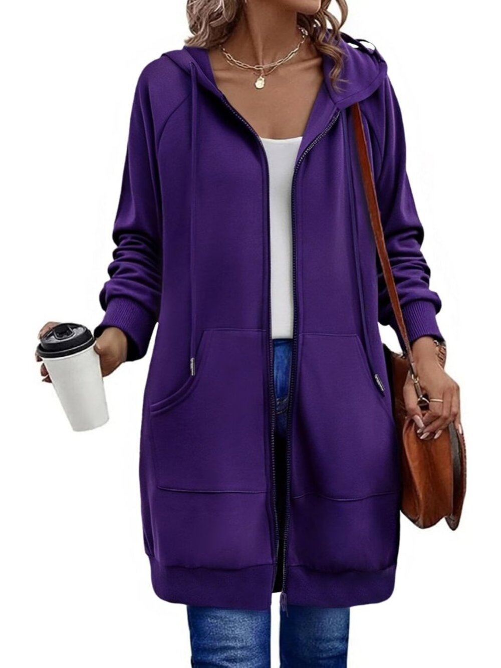 Women's Purple Long Zip Fleece Hoodie Oversized Tunic Sweatshirt Pocket Coat